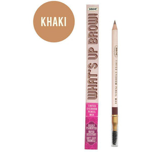 Image of a "WHATS UP BROW!" brand Tinted Eyebrow Pencil Wax In KHAKI shade. This beauty essential offers a water-resistant and soft formula, featuring dual ends with the khaki pencil on one side and a spoolie brush on the other, making it perfect for your make-up routine.