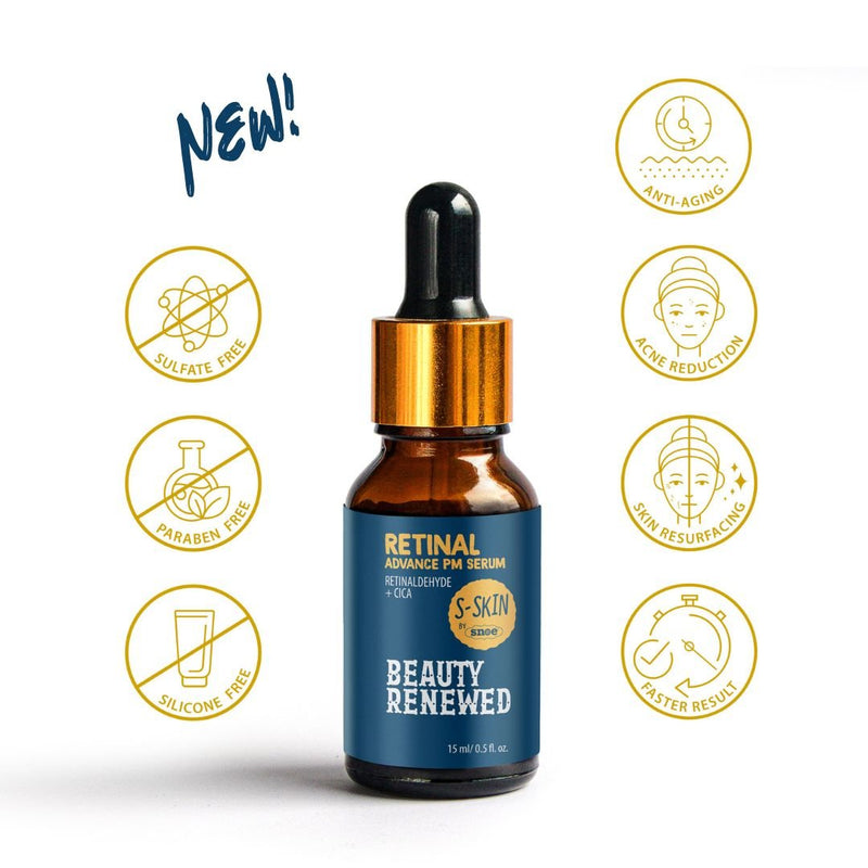 Image of a brown dropper bottle labeled "SNOE BEAUTY S-SKIN RETINAL ADVANCE PM SERUM + CICA," featuring a blue and gold design. Surrounding icons highlight benefits such as "Anti-Aging," "Acne Reduction," "Skin Resurfacing," and achieving results faster. Ideal for beauty enthusiasts, this make-up essential is also "Sulfate Free," "Paraben Free," and "Silicone Free.
