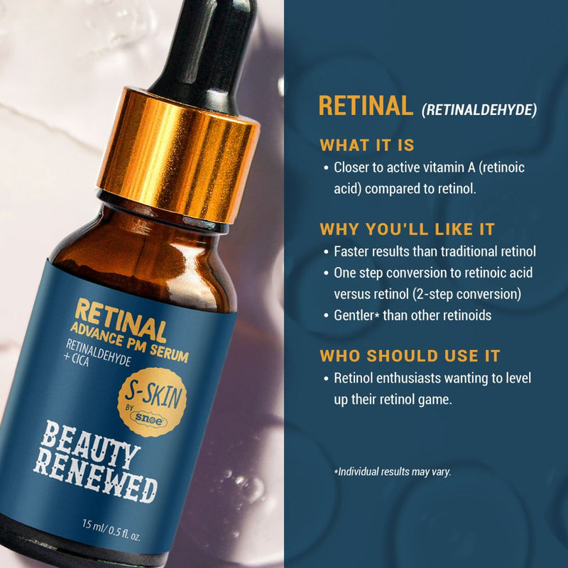 The "SNOE BEAUTY S-SKIN RETINAL ADVANCE PM SERUM + CICA" by S-SKIN is elegantly packaged in a sleek, dark bottle featuring a dropper. Showcasing retinal as a revolutionary innovation in skincare, it provides faster outcomes than conventional retinol due to its two-step conversion process to retinoic acid, complemented by its gentle purple design.