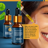 Two brown dropper bottles labeled "S-SKIN Retinal Advance PM Serum + CICA" by S-SKIN are displayed, highlighting their role in enhancing beauty. A pipette dispenses serum on a smiling person's cheek. The text advises gradual use to help the skin adapt, emphasizing evening application and the importance of daytime sunscreen protection. Green leaves decorate the image.