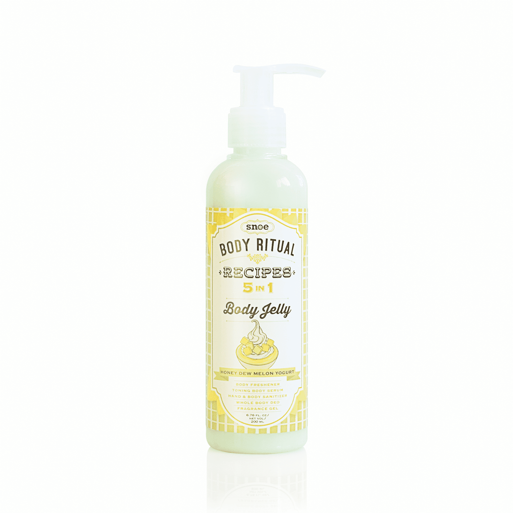 A bottle of 5-in-1 Body Jelly In HONEY DEW MELON YOGURT with a yellow label, from the brand BODY RITUAL RECIPES.