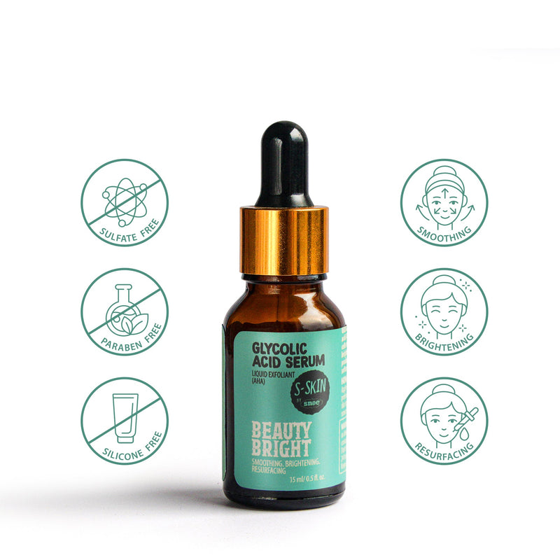 A 15 ml bottle of AHA Glycolic Acid Serum from S-SKIN by Snoe, featuring a dropper cap, sits prominently, promising to uplift your beauty routine. The "Beauty Bright" serum is free of sulfates, parabens, and silicones. Icons emphasize its key benefits: smoothing, brightening, and resurfacing. Its design showcases light blue and gold hues.