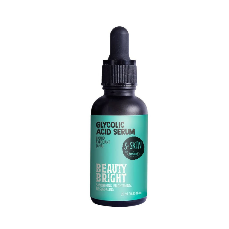 A sleek black dropper bottle labeled "AHA Glycolic Acid Serum" with a green design accentuates the allure of skincare. Branded as "S-SKIN by Snoe" and featuring "Beauty Bright," this essential liquid exfoliant (AHA) promises to smooth, brighten, and resurface your skin. The bottle contains 25 ml/0.85 fl. oz., set against a simple white backdrop.