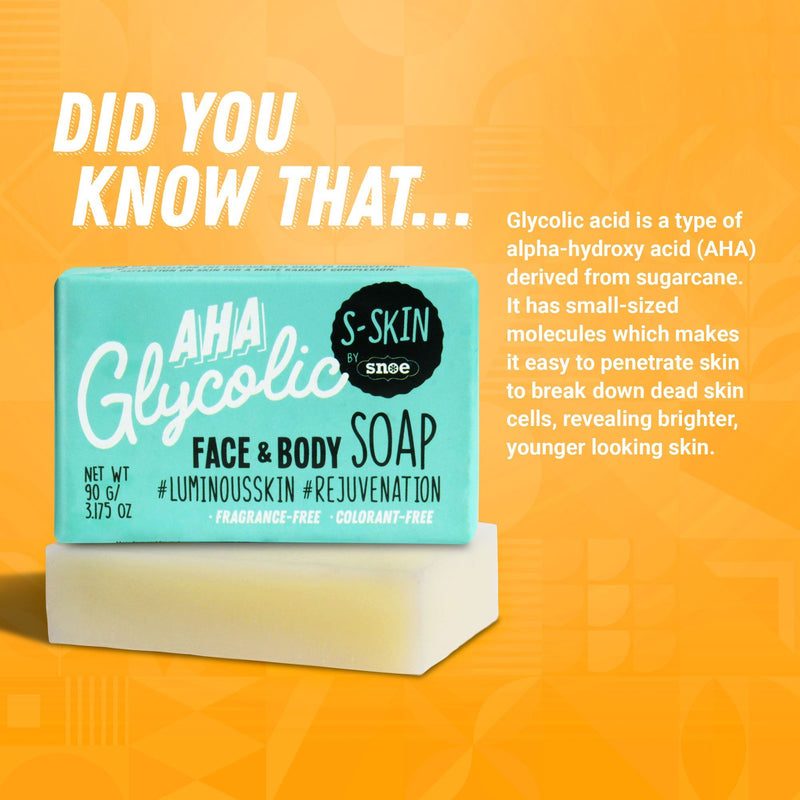 The image showcases a beauty essential: a turquoise box of "AHA Glycolic Face and Body Soap #Luminousskin #Rejuvenation" by S-SKIN by Snoe, resting on a white soap bar. Accompanying text reads, "DID YOU KNOW THAT... Glycolic acid...revealing brighter, younger looking skin." The background features an orange gradient with a subtle geometric pattern.