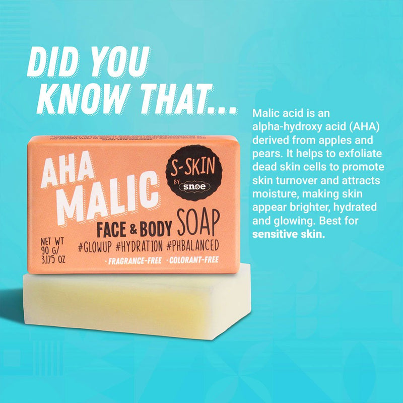 Image of an orange soap bar labeled "AHA Malic Face and Body Soap #Glowup #Hydration #pHbalanced" by S-SKIN by Snoe. This beauty essential's packaging highlights its "Fragrance-Free" and "Colorant-Free" features, along with "#GlowUp," "#Hydration," and "#pHBalanced." Background text explains the benefits of malic acid for sensitive skin, making it ideal for pre-makeup preparation.