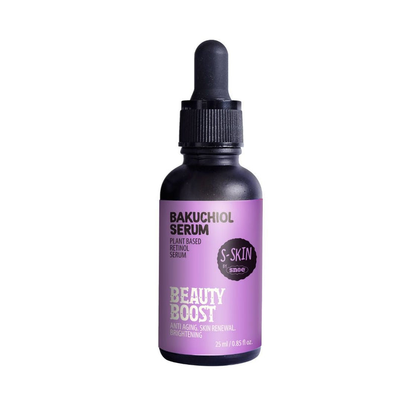 In a sleek dark bottle with a dropper cap, the elegantly designed label reads "Bakuchiol Facial Serum | Beauty Boost." The light purple label highlights "Plant Based Retinol Serum, Anti Aging, Skin Renewal, Brightening," encapsulating core elements of beauty care. This 25 ml (0.85 fl oz) gem from S-SKIN by Snoe promises to elevate your skincare routine.