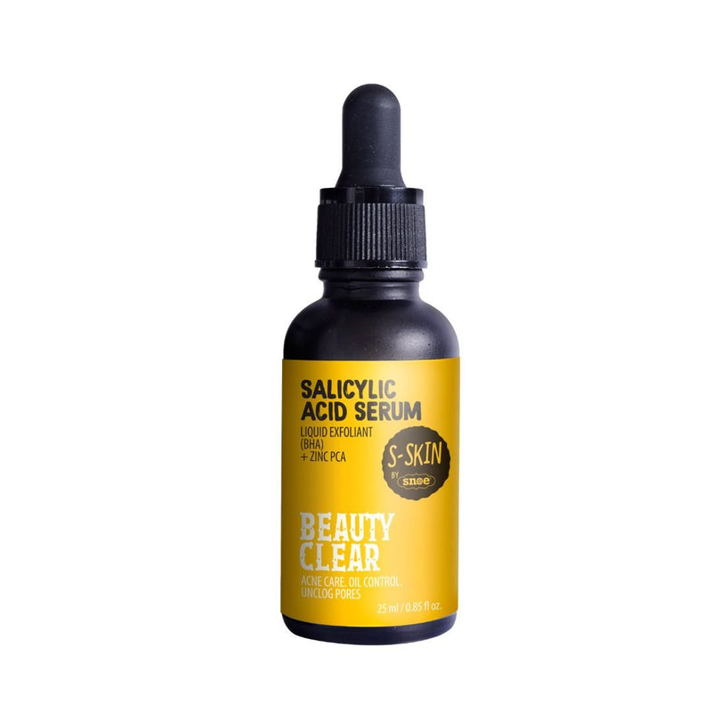 The compact black bottle with a dropper top, labeled as "BHA Salicylic Acid + Zinc PCA SERUM" by S-SKIN features BHA and Zinc PCA. The distinctive yellow "Beauty Clear" label emphasizes its acne care advantages, such as oil control and pore unclogging. This 15 ml serum is ideal for maintaining clear and healthy skin.