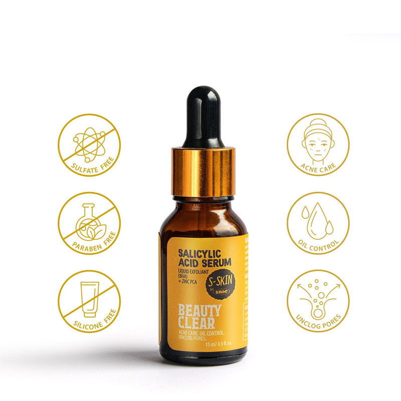 The "BHA Salicylic Acid + Zinc PCA Serum, Beauty Clear Acne Care Oil Control 15ml" from S-SKIN by Snoe is packaged in an amber bottle with a black dropper cap. It proudly offers sulfate-free, paraben-free, and silicone-free qualities. Icons highlight its benefits: outstanding acne care, efficient oil control, and pore unclogging.