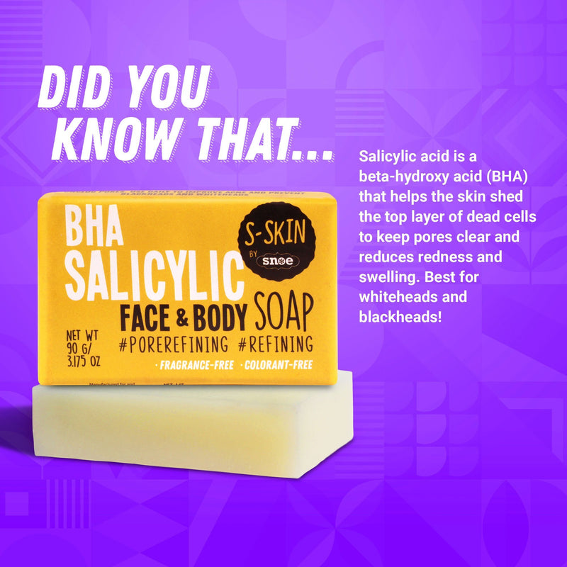 A bar of BHA Salicylic Face and Body Soap #porerefining #refining by S-SKIN by Snoe is showcased on a white pedestal against a vibrant purple background. The packaging emphasizes its benefits: pore refining and suitable for both face and body, while the adjacent text explains how salicylic acid enhances skin clarity.