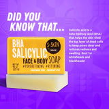 A bar of S-SKIN by Snoe BHA SALICYLIC Face and Body Soap #porerefining #refining with the words did you know about salicylic face and body soap.