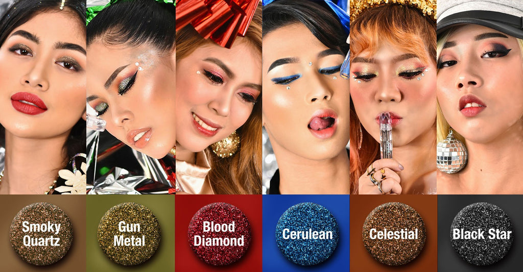 A collage showcasing the diverse beauty of women with various BLING BLING Glitter Liquid Eyeshadow in CELESTIAL styles.