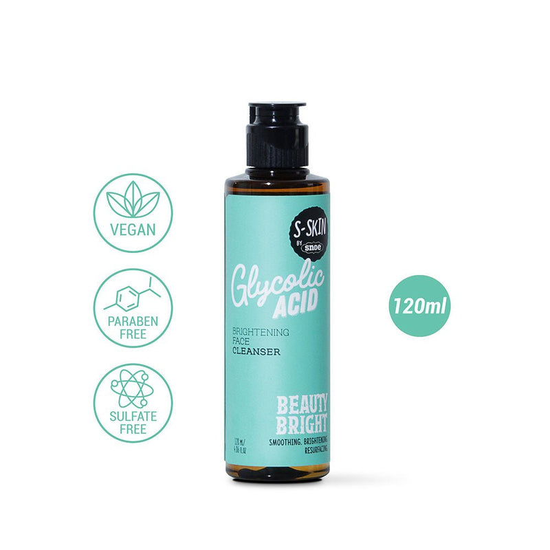 The S-SKIN by Snoe's GLYCOLIC ACID BRIGHTENING FACE CLEANSER, recognizable by its green label, seamlessly integrates into any beauty routine. The 120ml bottle features icons indicating its vegan, paraben-free, and sulfate-free formulas and is labeled with "Beauty Bright: Smoothing, Brightening, Resurfacing." It's an ideal choice for post-makeup care.