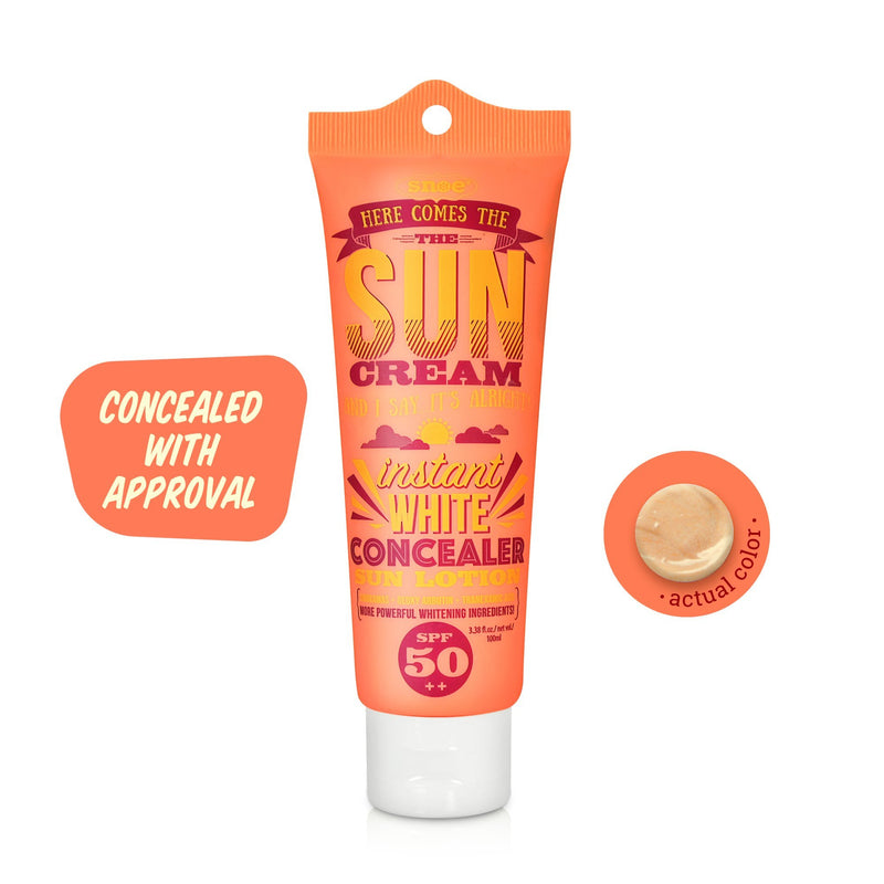 An orange tube of Instant Concealer Sun Face & Body Lotion SPF 50++ from HERE COMES THE SUN CREAM stands proudly labeled. Next to it, a circular swatch reveals the true color while a speech bubble announces, "Concealed with Approval." This beauty essential seamlessly combines makeup with whitening protection.