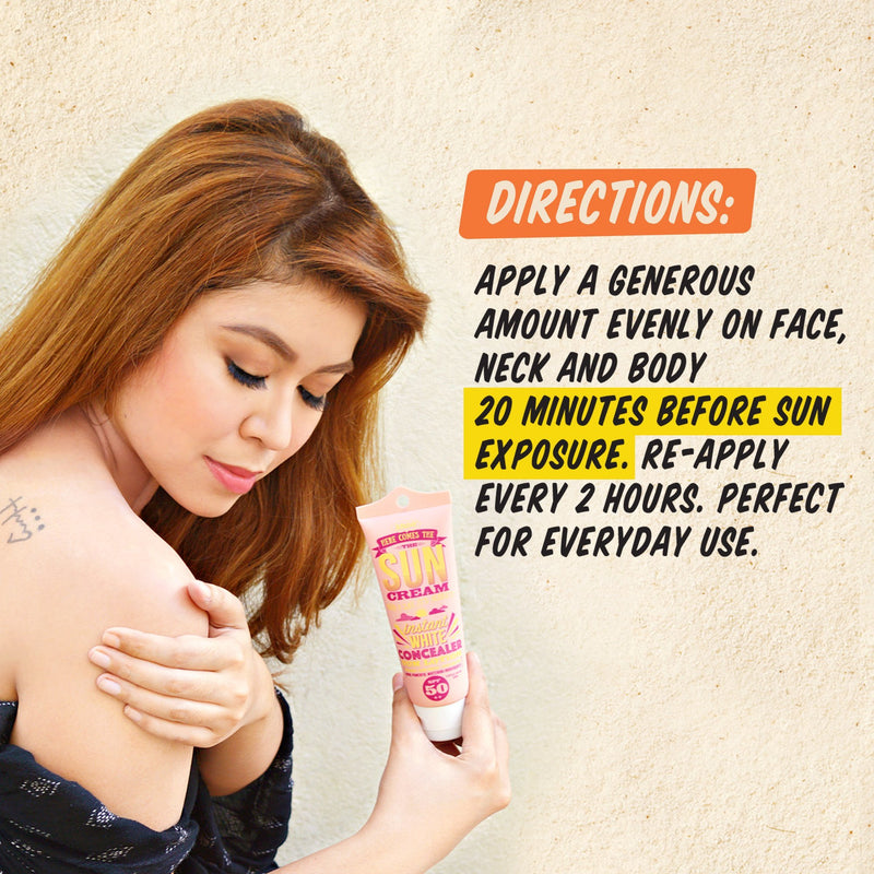 A person with long brown hair applies a pink tube of HERE COMES THE SUN CREAM's Instant Concealer Sun Face & Body Lotion SPF 50++ to their shoulder. Labeled as a beauty essential, it's ideal for your make-up routine. Text beside them reads: "DIRECTIONS: Apply generously on face, neck, and body 20 minutes before sun exposure. Re-apply every 2 hours.
