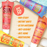 HERE COMES THE SUN CREAM's Instant White Sun Face & Body Lotion SPF 50++ on a sandy beach.