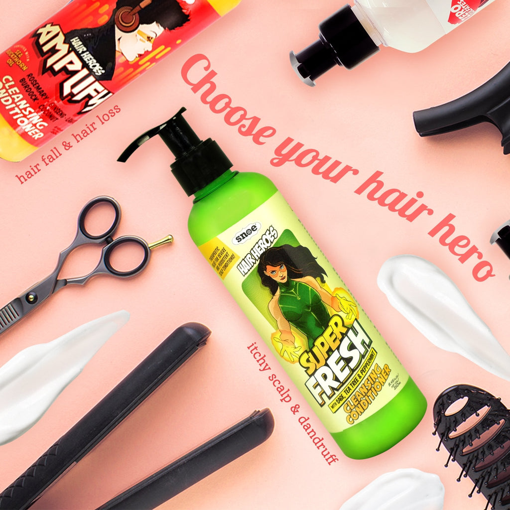 A selection of HAIR HEROES haircare products with the text choose your Intense Cleansing Conditioner.