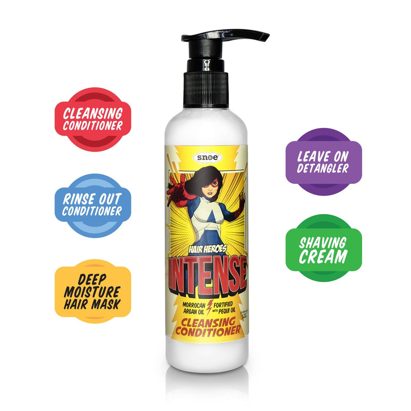 A tall bottle branded as HAIR HEROES' "Intense Cleansing Conditioner," featuring a cartoon superhero, highlights its range of versatile beauty benefits. Text bubbles emphasize its multi-functionality: it can be used as a cleansing conditioner, rinse-out conditioner, deep moisture hair mask, leave-in detangler, and shaving cream.