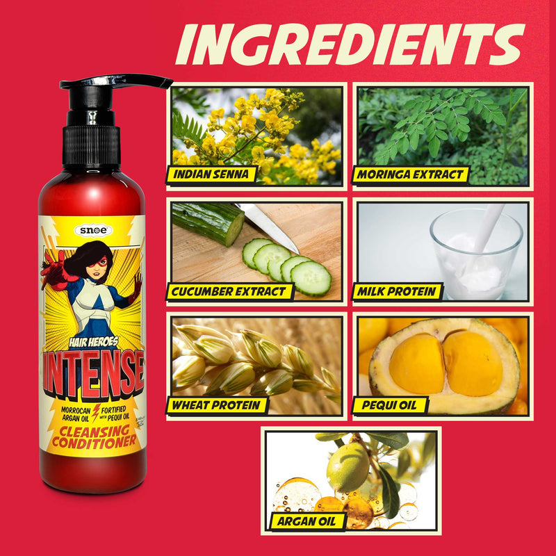 A captivating image features a red bottle of "Intense Cleansing Conditioner" by HAIR HEROES, complete with a convenient pump top, exuding elegance. The backdrop highlights essential ingredients such as Indian Senna, Moringa Extract, and Argan Oil. Bold lettering at the top proudly displays "INGREDIENTS," emphasizing the composition of this nourishing formula.