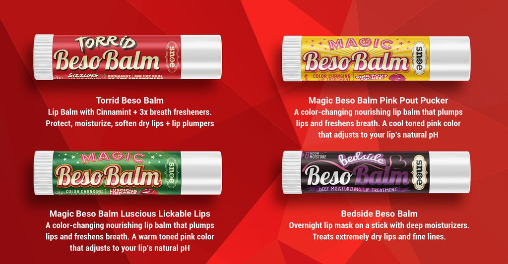 Four different BESOBALM lip balms are shown on a red background in a beauty product display.