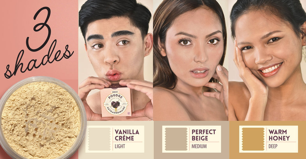 3 shades of Loose Powder SPF 30+ in PERFECT BEIGE for beauty enthusiasts, with a picture of a woman and a man showcasing flawless make-up by POUDRE EXTRAORDINAIRE.