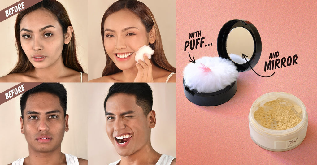 Four pictures showcasing the beauty and make-up skills of a woman with POUDRE EXTRAORDINAIRE Loose Powder SPF 30+ in PERFECT BEIGE-enhanced face.
