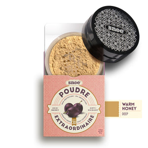 A POWDERED FOUNDATION for enhancing beauty and achieving a flawless makeup look. The LOOSE POWDER SPF 30+ in WARM HONEY by POUDRE EXTRAORDINAIRE comes in a convenient box packaging for easy storage and application.