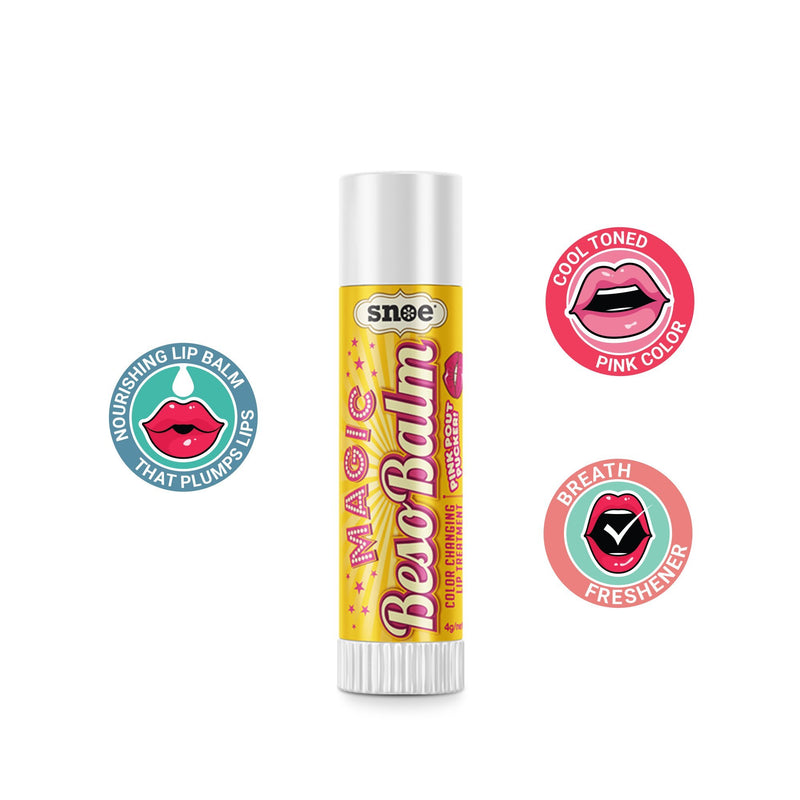 A tube of BESOBALM Magic Color Changing Lip Treatment in Pink Pout Pucker stands among vibrant lip icons.