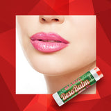 A woman's lips with a red background and a Magic Color Changing Lip Balm Luscious Lickable Lips by BESOBALM that enhances her beauty.