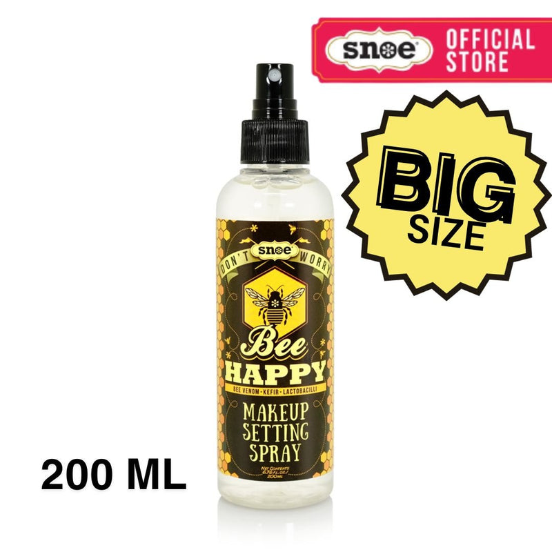 A 200ml bottle of DON'T WORRY BEE HAPPY makeup setting spray is showcased, making it an ideal choice for beauty lovers. The packaging, adorned with a bee design, reads "Don't Worry, Bee Happy." A "BIG SIZE" badge is featured on the right side, and the top left corner displays the "Snoe Official Store" logo. The bottle comes with a black spray nozzle.