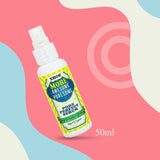 A bottle of MORE AWESOME PORESOME anti-bacterial spray on a pink and blue background, ideal for skincare.