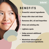 A woman's face highlighting the benefits of Outzit Natural Acne Drying Beauty Soap by SHOO-ZIT DON'T BOTHER ME.