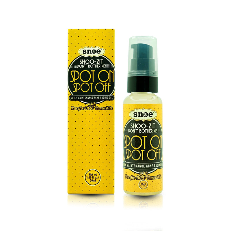 A yellow skincare product package features the "Spot On Spot Off Acne Fading Gel Serum" by SHOO-ZIT DON'T BOTHER ME in elegant black text with decorative detailing. Next to it, a transparent bottle with a black pump reflects the appeal of effective beauty routines, providing targeted acne treatment in gel form.