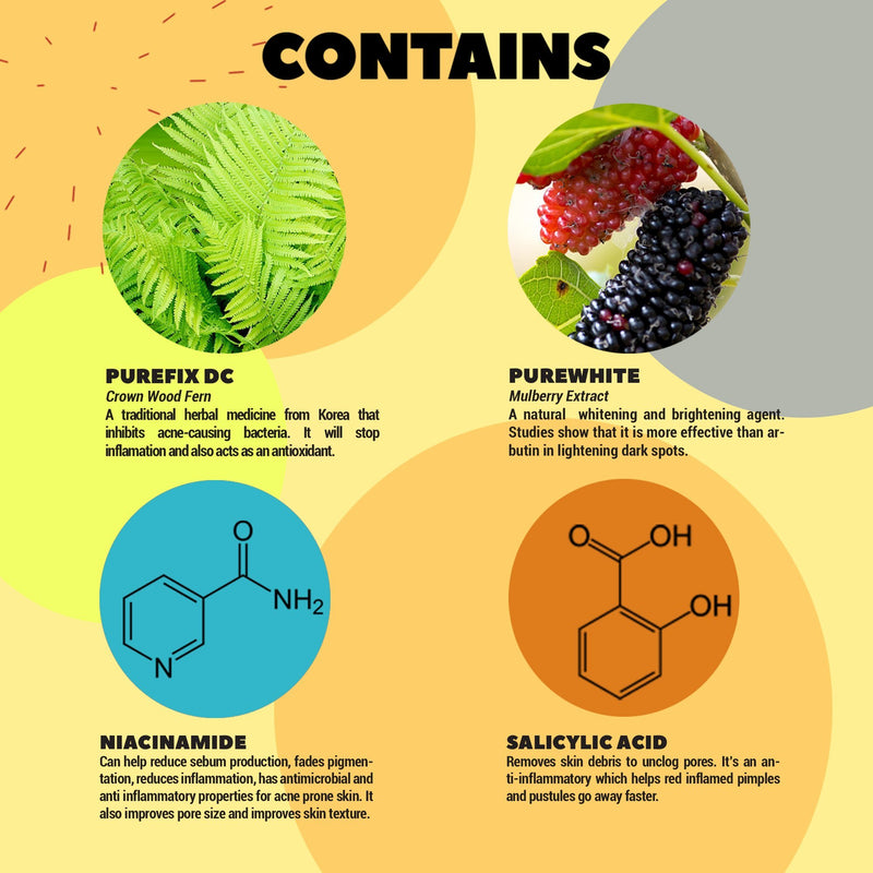The image showcases a vibrant background divided into yellow and orange segments, spotlighting beauty essentials: Purefix DC accompanied by a green fern, Purewhite alongside mulberry, Niacinamide enhanced with a blue circle and chemical structure, and Salicylic Acid within an orange circle featuring its chemical design. The standout product is the Spot On Spot Off Acne Fading Gel Serum by SHOO-ZIT DON'T BOTHER ME.