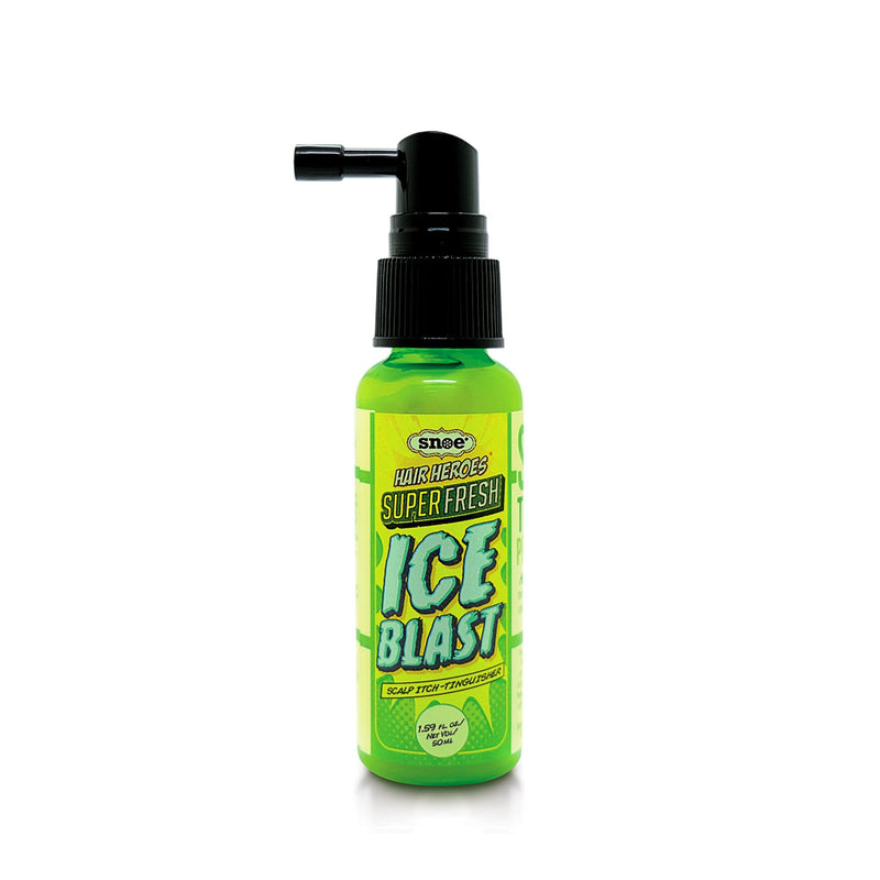A vibrant green bottle of HAIR HEROES' "Super Fresh Ice Blast" hair essence, featuring a black spray nozzle. The bold white text and icy blue graphics imply a cooling effect, making it essential for beauty enthusiasts who desire a refreshing, icy scalp sensation. The bottle contains 120 ml.