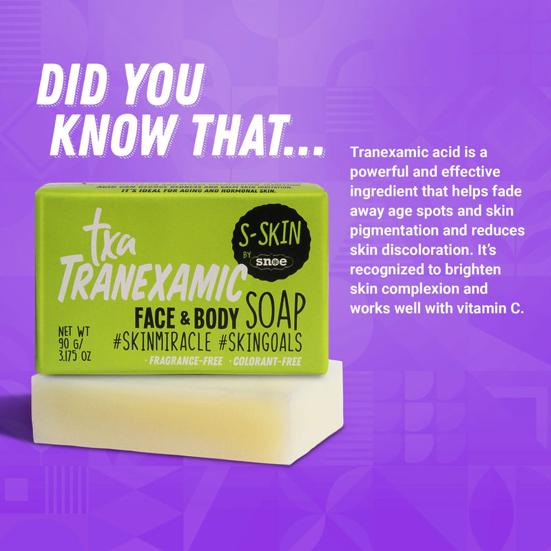 The image features a green box of "TXA Tranexamic Face and Body Soap #skinmiracle #skingoals" by S-SKIN by Snoe, placed on a purple pedestal against a matching backdrop. A must-have for beauty enthusiasts, the text emphasizes its benefits such as fading age spots and enhancing skin brightness with vitamin C, making it an excellent pre-make-up base.