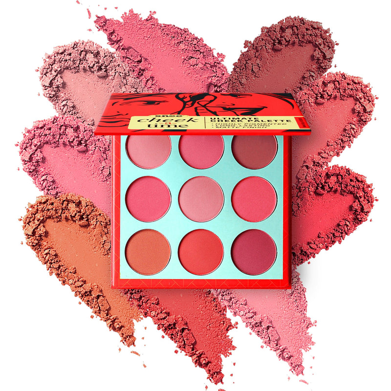 An essential for beauty enthusiasts, the Ultimate Cheek Palette by CHEEK A TIME showcases nine shades of pink and red blushes set against a heart-shaped crushed blush background. When opened, the palette reveals circular pans housed in a square case with an eye-catching design on the lid, perfect for any makeup aficionado.